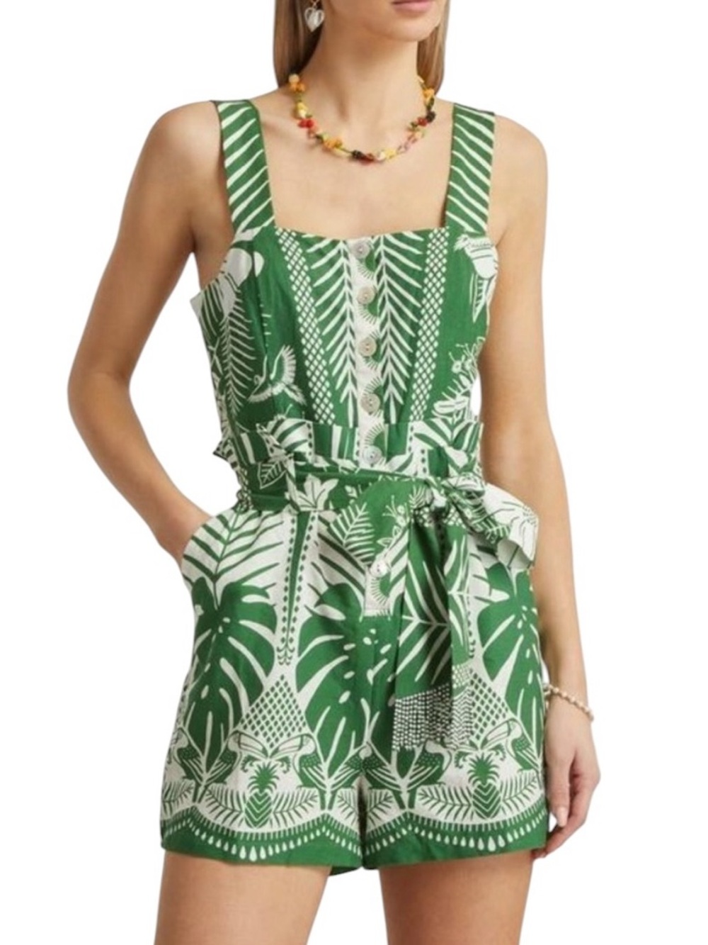 Farm Rio Macaw Elegance Palm Leaf Print Beaded Sash Tie Waist Romper - S